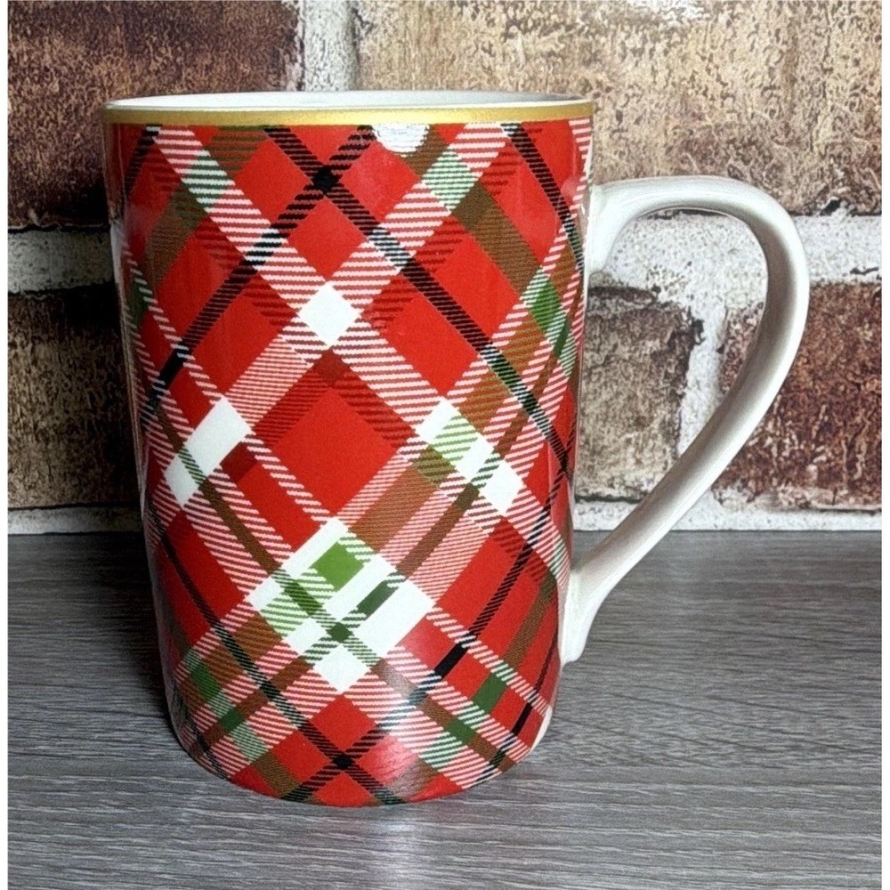 Vtg Pier 1 Imports Plaid Christmas Holiday Ceramic Coffee Mug 16 oz